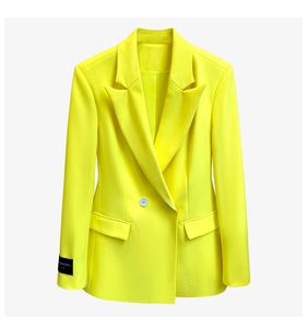 새로운 디자인 여성 스프링 가을 패션 네온 옐로우 컬러 중간 롱 슬림 허리 블레이저 슈트 코트 플러스 크기 카사코스 sml