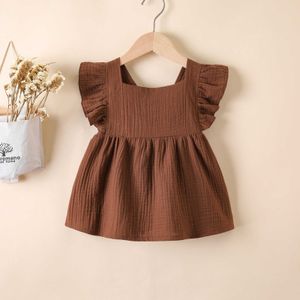 Vestito casual da bambina in tinta unita colletto quadrato maniche con volant abiti da pisello senza schienale Abbigliamento per bambini vestiti per bambina G1026