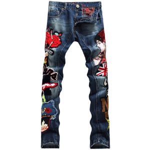 Men's Jeans Fashion Brand Beauty Embroidery Tide Male Stitching Badge Punk Motorcycle Denim Pants