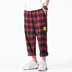 Mäns joggare plaidbyxor man svart bomull bekväm byxa sommar casual streetwear lös byxa japanska trendiga sweatpants y0927