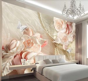 Benutzerdefinierte Tapete 3d Schmuck Seidenblume Luxus Fernseher Hintergrund Wand Weiß Vier Blütenblatt Perlen Wohnzimmer Dekoration