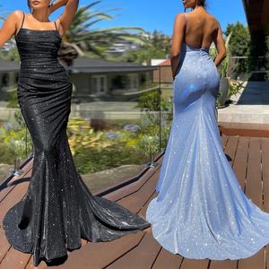 Casual Dresses Sexy Suspender Blue Satin Maxi Dress Long Train Mermaid Sleeveless Evening Party Tank Stretch Black Floor Length Gown