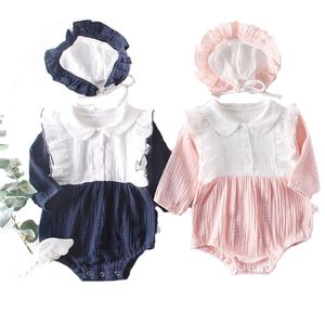 春ボディスーツボディスーツ0-3y女の子赤ちゃん長袖コットントライアングルハットシャツクライミングドレス双子服210417