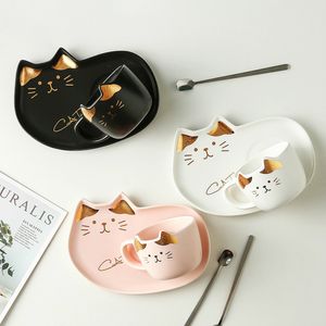 Keramik-Set, Cartoon-Teetasse mit Untertasse, Löffel, Frühstück, Milch, Kaffeetasse, Brot, Dessertteller, Porzellan, Haustier, Katze