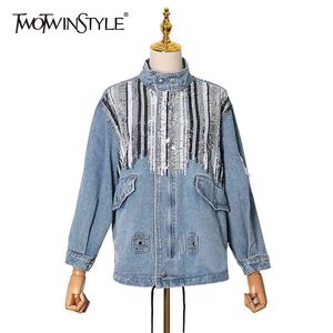 Streetwear Patchwork Sequin Jacket For Women Stand Collar Long Sleeve Denim Jackets Female Fashion Clothing 210524