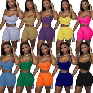 Women Tracksuits Two Pieces Set 10 Colors Top + Shorts Cycling Pant Suit With Halter Vest In Solid Color