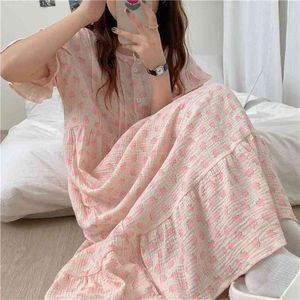 Impressão de verão Pink Long SleepsDress Pijama Floral Pescoço Rodada Mulheres Casuais Loose Doce Homewear Algodão 210529