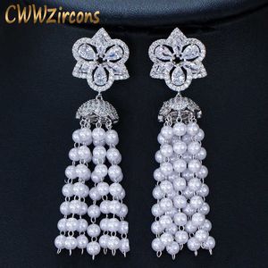 Handmde Simulated Pearl Jewelry Cubic Zirconia Flower Big Long Statement Tassel Drop Earrings for Women CZ412 210714