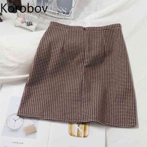 Korobov Korean Hit Color Plaid Elegant A-Line Kjolar Vintage High Waist Slim Mini Skirt Preppy Style Fashion New Faldas Mujer 210430
