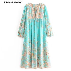 BOHO Mint Green Tassel Lacing up V neck Location Flower Print Long Dress Hippie Woman Strappy Sleeve Holiday Dresses Beach 210429