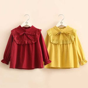 Cotton Blouse For Girls Spring Autumn 2 3 4 5 6 7 8 9 10 Years Children Long Sleeve Kids Baby Girl Bow Solid Blouses Shirts 210701