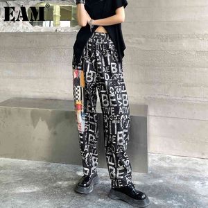 [EAM] High Waist Wide Leg Black Letter Print Irregular Jeans Loose Women Trousers Fashion Spring Autumn 1DD7577 21512