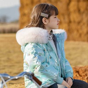 -30 grad Ryssland Vinter tjock dunjacka för tjejer Parkas Hooded Real Raccoon Fur Collar Snökläder Kids Down Coat TZ822 H0910