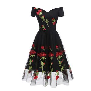 Rose Embroidery Off The Shoulder Dress Women Midi A Line Prom Bridesmaid Wedding Cocktail Birthday Party Occasion Dresses Casual