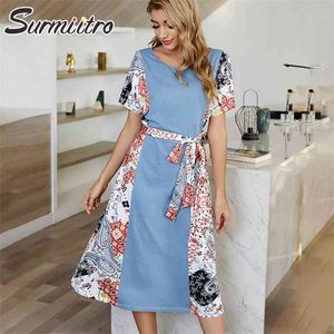 Women Summer Long Dress Casual Short Sleeve Floral Print Patchwork Sundress Beach Party Sun Midi Female 210421