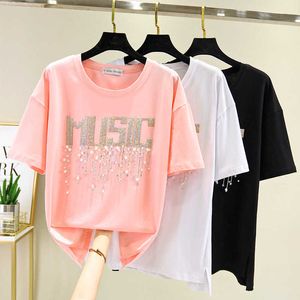 Plus Size Summer Tops Women T shirt Cotton White Loose Short Sleeve Oversize T-Shirt Woman Beading Korean Clothes Pink 210604