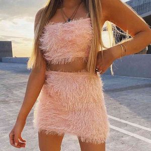 Sexy furry dress women pink dress sets casual evening party club dresses autumn winter vestidos feminine bodycon dress 210415