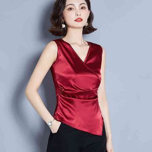 韓国のシルク女性のブラウストップス女性の固体サテンのブラウスシャツVネックノースリーブプラスサイズBlusas Mujer de Moda 210427