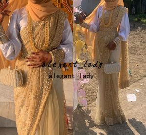 Короткие Пляжные Свадебные Платья оптовых-Шампанское золото мусульманские индийские свадебные платья роскошные блестящие бисером кружева Hijab Kaftan Caftan Marocain с длинным рукавом свадебное платье