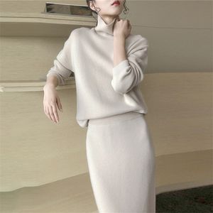 패션 여성 드레스 가을과 겨울 패션 니트 슈트 슬림 스웨터 + 치마 2 조각 210520