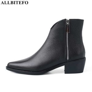 AlliteBofo de alta qualidade de couro genuíno saltos grossos tornozelo botas para mulheres retrô salto alto festa mulheres botas mulheres saltos sapatos 210611