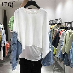 [IEQJ] Wiosna lato wzór okrągły kołnierz z długim rękawem Denim Patchwork Swetry Streetwear Bluza Kobiety AH61206 210728