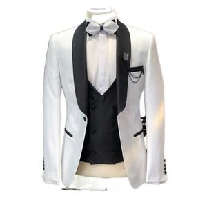 Slim Fit Wedding Groom Tuxedo White Men Suits with Black Waistcoat Pants 3 Piece Male Fashion Costume Jacket New Arrival 2021 X0909