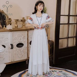 Yosimi夏の花の刺繍ホワイトシフォンロングレディースドレスイブニングパーティーストラップレスミッドカーフ半袖エレガント210604