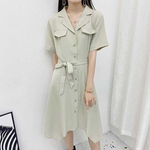 Elegante camisa longa vestido mulheres coreano moda senhoras trabalho trabalho manga curta bandagem vestidos verão simples senhora roupas 210527