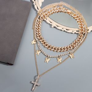 Caraquet Multilayer Crystal Cross Butterfly Tennis Chain Pendant Necklace For Women Golden Cuban Choker Necklace Trendy Jewelry X0509