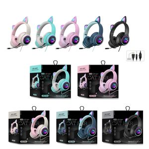 AKZ-022 Cat Ear Wired Headphones Over-head Gaming Headset Noise Reduction With Mic Bass Stereo PC Wired 7.1 Channel LED Lighting