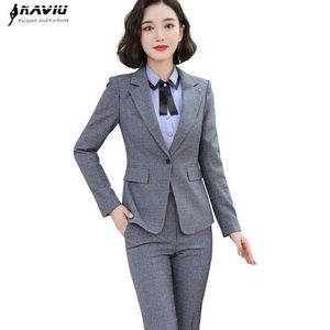 Gray Pants Suit Women Autumn Professional Formal Interview Fashion Temperament Casual Slim Blazer and Trousers Work Wear 210604