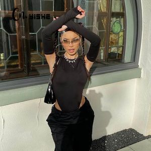 Cnyishe Sıska O-Boyun Kapalı Omuz Bodysuit Eldiven Ile Tulum Kadın Tulum Seksi Moda Yaz Katı Siyah Bayan Giysileri Tops 210419