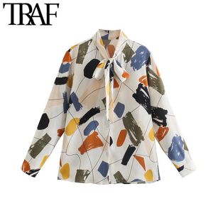 Traf Women Fashion with Bow bundna Graffiti Print Blueses Vintage Long Sleeve Button-up kvinnliga skjortor Blusa Chic Tops 210415