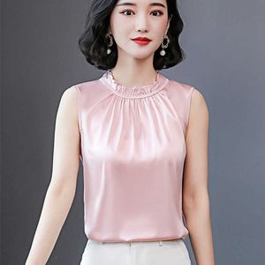 Korean Silk Women Blouses Woman Sleeveless Blouse Top Solid Satin Plus Size Blusas Mujer De Moda 3XL 210531