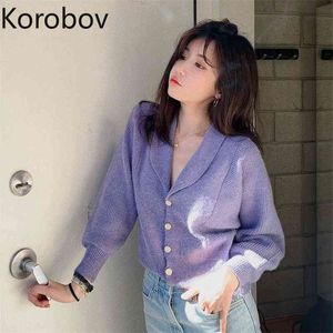 Korobov Nowe Koreańskie Słodkie Kobiety Cardigans Jesień Chic Długie Rękaw Swetry Vintage Solidny Collar Sueter Mujer 210430