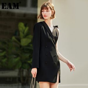 [EAM] Женщины черные повязки вентиляционные лук разделить совместное платье отворота с длинным рукавом свободные подходящие мода весна осень 1d1270 21512