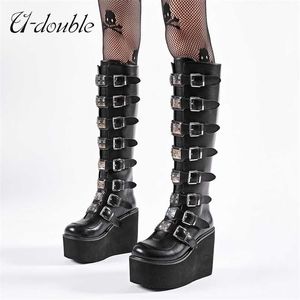 U-DOUBLE Punk Women Boots Ins Plataforma High Heels Big Size 43 Gothic Style Wedges Shoes Fashion Ankle Woman 211105
