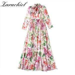 Runway Holiday Out Maxi Fall Women Sleeve Floral Print Sashes Pleated Boho Big Swing Chiffon Long Dresses + Scarf 210416