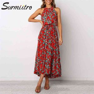 Sexig boho kvinnor sommar halter lång klänning blommig tryck ärmlös sundress tunic beach party sun maxi kvinnlig 210421