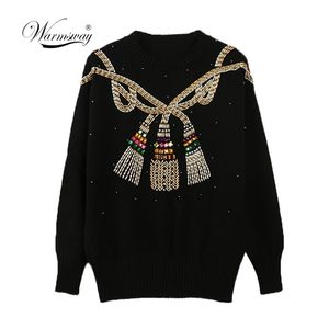 Vinter Julbanan Kvinnor Pullovers Tröjor Lyxig Beading Vintage Ladies Stickade Jumper Kläder C-024 210522