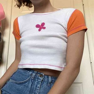 蝶の刺繍カワイイの哀れな夏のファッション半袖女性のTシャツ甘いY2K作物トップシックなティーシャツ210510