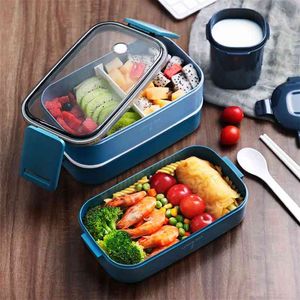 Japansk stil Multi-Layer Lunch Box Mat Container Förvaring Bärbar Läckagesäker Bento Box För Barn Med Soppa Kopp Frukostlådor 210818