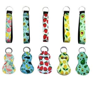 300pcs Party Favor Fruit flower Series Neoprene Gourd Chapstick Holder Wristlet Lanyard Keychain Set Lipstick Cover Hand Wrist Strap