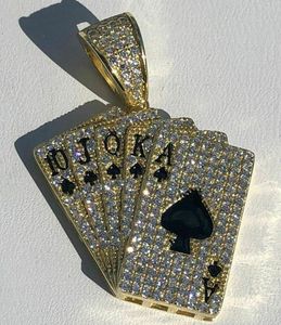 Zirkon-Kartendeck Royal Flush Ace of Spades Diamant-Anhänger-Halskette mit 3 mm 24-Zoll-Seilkette Hip Hop-Gold-Silber-Schmuck