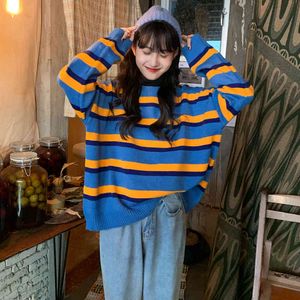 Herbst Winter koreanischen Stil Farbe Patchwork Streifen warme Strickpullover Damen Pullover und Pullover (C9288) 210423