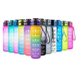 1L Plastic Sports Outdoor Bottle With Time Scale Reminder Gradient 1000ml Water GYM Jug Cup Drinking Colorful