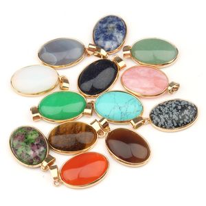 Gold Oval Natural Stone Chakela Pendant Seven Chakras Reiki Healing Chakra Rose Quartz Crystal Pendulo Charms for Necklace earrings Making 36x19x7mm