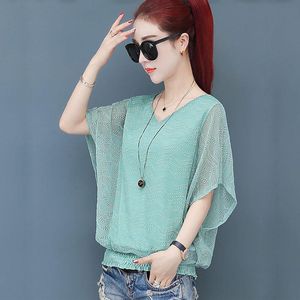 Damskie Bluzki Koszule Kobiety Wiosna Lato Styl Szyfonowa Lady Casual Krótki Rękaw Batwing Rękaw V-Neck Blusas Topy DF2838