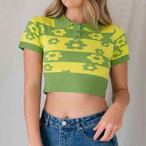 Kawaii Summer Blommor Skriv ut Y2K Knit T-shirts för tjejer med kortärmad Kvinna Vänd ner Collar Green Crop Top Tee Shirt 210415